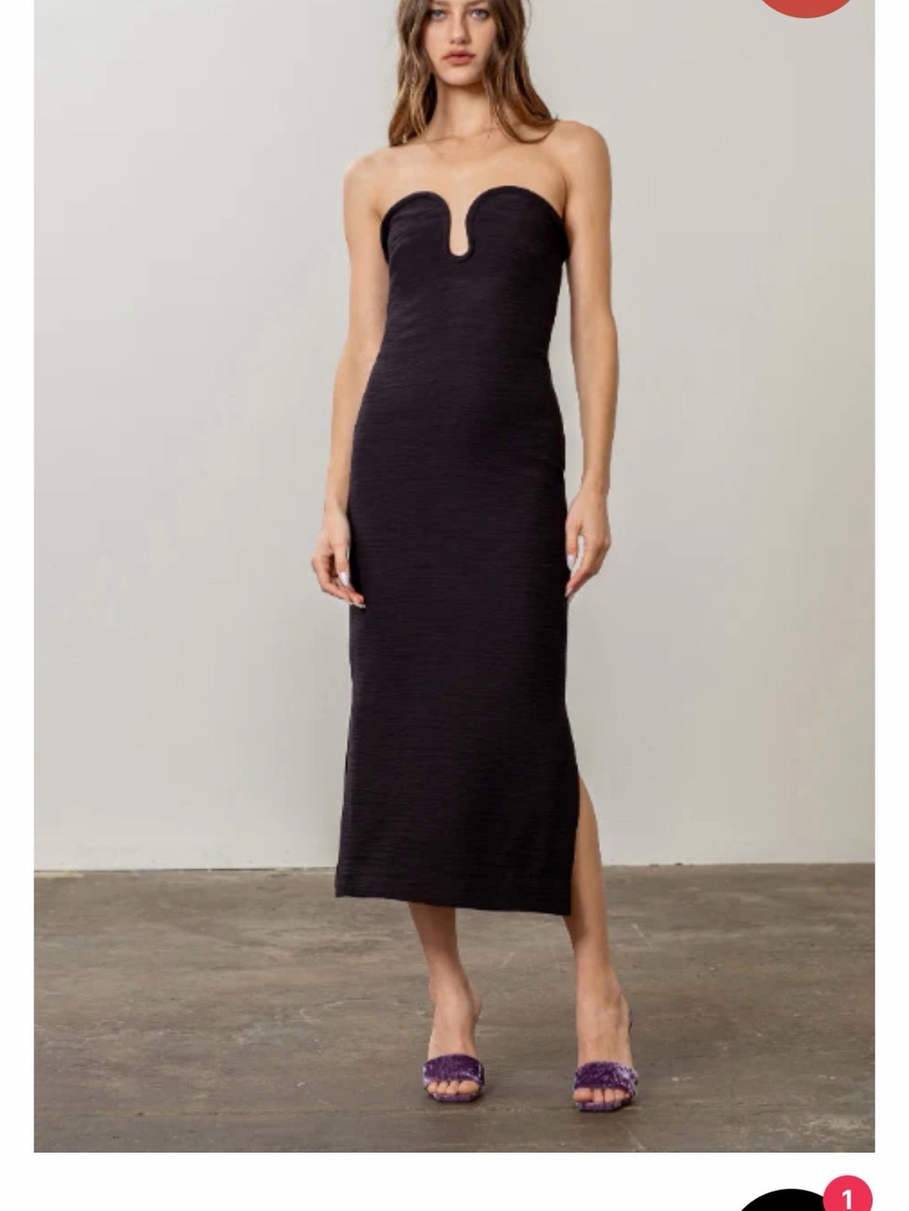Moon River Strapless Black Midi Dress with Sculpted Notch